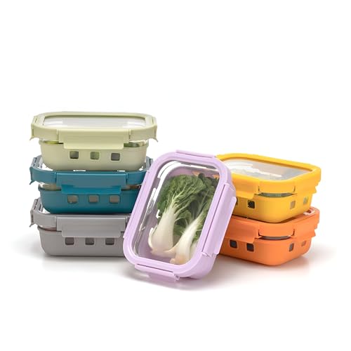 Buntes Lunchbox-Set mit Gehärteten Glasdeckeln, Glasbehälter-Set (6 x 640 ml), Auslaufsicher, Stapelbar, Mikrowellen- & Spülmaschinengeeignet, BPA-frei, Perfekt für Meal Prep