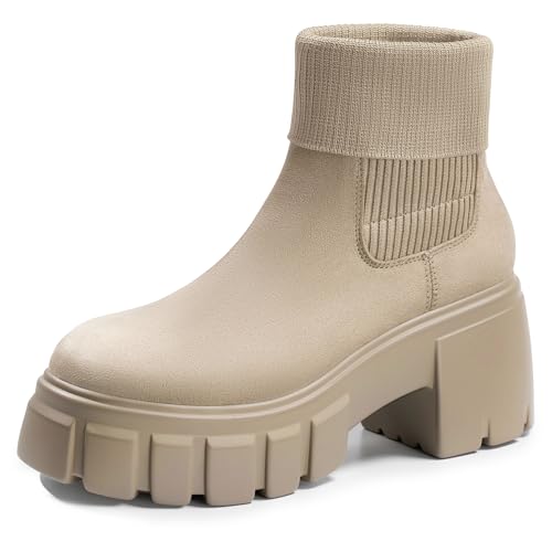 FITORY Womens Chelsea Boots, Elastic Ankle Booties with Chunky Mid
