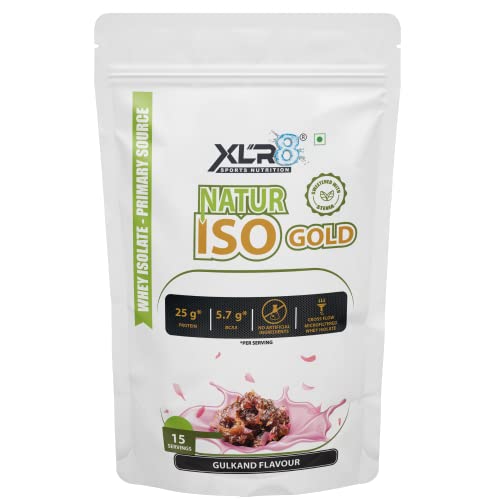 Image of XLR8 Natur Iso Gold Whey Protein Isolate, 25g Protein, 5.7g BCAA, Sweetened with Stevia, VEGETARIAN, ZERO SUGAR, Muscle Support and Recovery. (Gulkand Flavour, 500g)