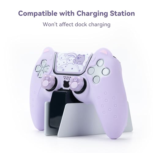 Image of GeekShare Cute Bear PS5 Controller Skin Set,Soft Anti-Slip Silicone Protective Cover Skin Case for PS5 Wireless Controller with 2 Thumb Grip Caps and 1 Sticker - Purple