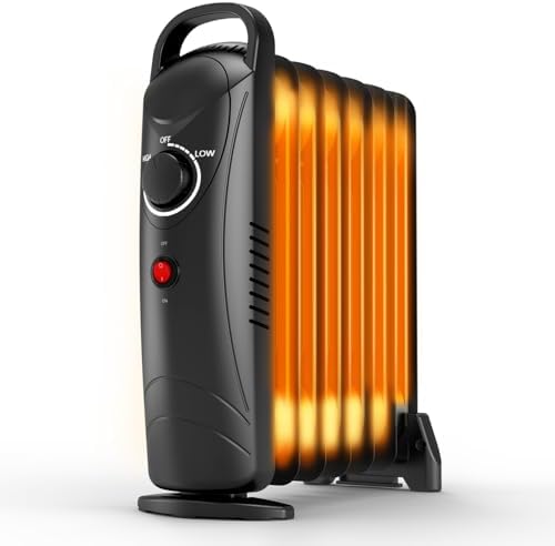 Air Choice Oil Heaters for Indoor Use, 700W Radiator Heater, Overheat Protection, Silent Operation, Adjustable Thermostat with 2 Heat Settings, Compact Electric Heater for Bedroom Office Desk, Black