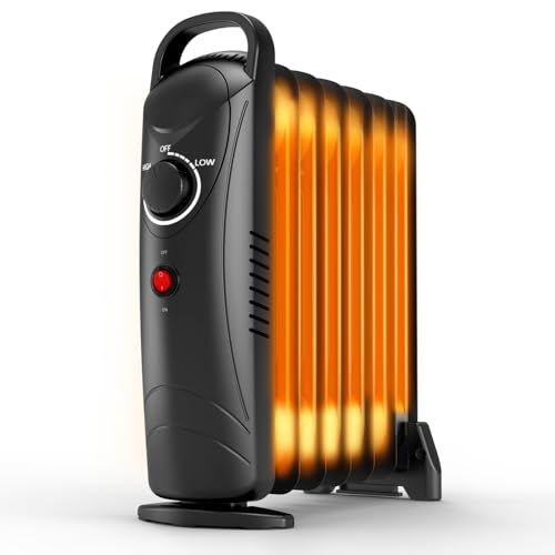 Air Choice Oil Heaters for Indoor Use, 700W Radiator Heater, Overheat Protection, Silent Operation, Adjustable Thermostat with 2 Heat Settings, Compact Electric Heater for Bedroom Office Desk, Black