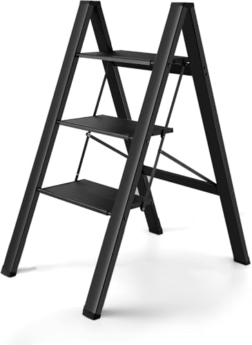 FlyGeneral 3 Step Ladder, Folding Ladder Stool, Black, Wider Upgraded