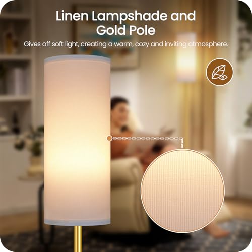 Image of Dimmable Floor Lamp for Living Room with Remote and Foot Switch, Corner Floor Lamp, 64.4'' Standing Tall Lamp, 10W 900LM LED Bulb Included, 3000K-6500K, Linen Shade, Gold White, FCC Listed DCW06LD05W1