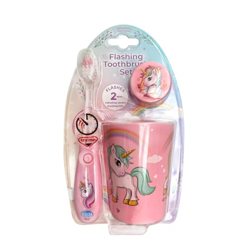 Lily's Home Kids Toothbrush with Flashing Timer with a Cup and Toothbrush Cover. Encourage Children to Brush Their Teeth (Unicorn)