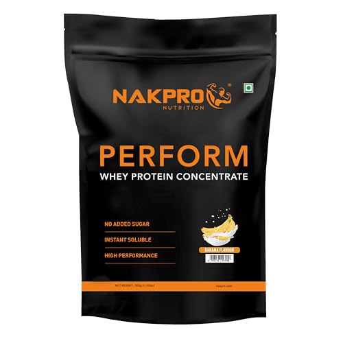 NAKPRO Perform Whey Protein Concentrate 500g Banana | 24g Protein, 5.3g BCAA | Trustified Certified 100% Authentic Supplement Powder & No Adulteration | Fast Absorbing Whey Protein Powder