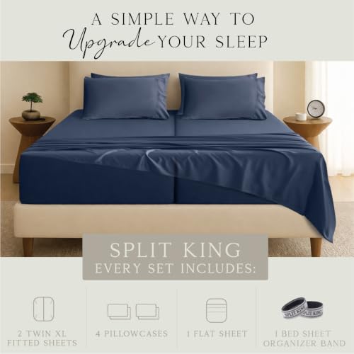 Image of KARISSA MAE 7 Piece Luxury Bamboo Viscose Split King Sheets, FSC Certified | Includes 2 Twin XL Fitted Sheets | Sleep Number & Adjustable Bed | Cooling | 18 inch Deep Pocket | 4 Pillowcases [Navy]