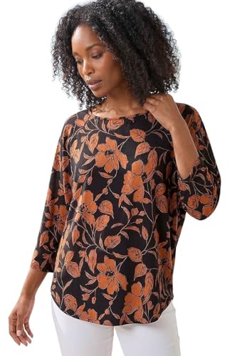 Image of Roman Originals Stretchy Top for Women UK - Ladies Jersey Blouse Smart Casual Tunic Work 3/4 Length Sleeve Round Neck Boat Neckline Flattering Autumn Winter - Tan - Size 12