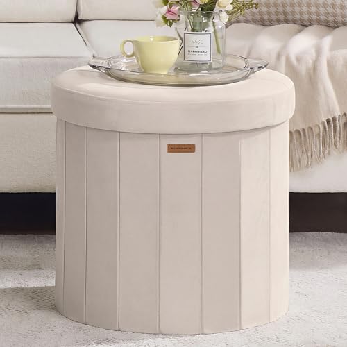 Image of SONGMICS Mazie Collection - Round Storage Ottoman, Folding Footrest Stool with Removable Lid, Easy Assembly, Velvet Vanity Stool for Bedroom, Living Room, Entryway, Cappuccino Beige ULSF608L01