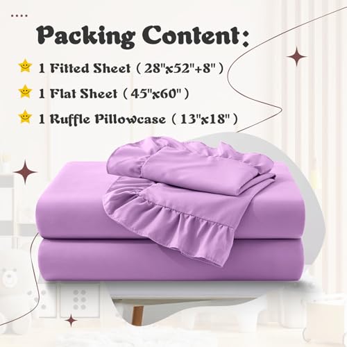 Image of KKJIAF 3 Piece Toddler Sheet Set Microfiber, Includes a Flat Sheet, a Fitted Sheet and a Ruffle Pillowcase, Light Purple