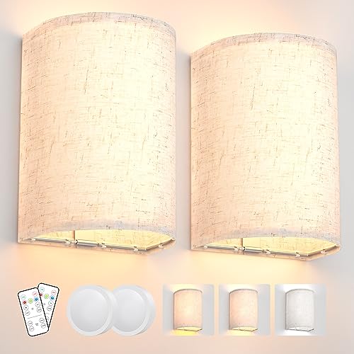 Image of Wall Sconces Set of Two, Battery Operated Wall Sconces 3 Colors Changeable Dimmable Wall Lights Fixtures with Remote Control Fabric Wall Lamp Sconces for Bedroom Living Room Hallway