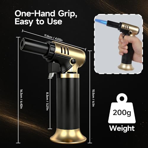 Navpeak Refillable Butane Kitchen Torch Lighter, Jet Flame with Continuous Flame Lock, Flame Control & Base Stand for Cooking, Baking, Creme Brulee, Camping, Gold Color (Butane Not Included)
