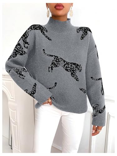 Image of WDIRARA Women's Leopard Tiger Print Sweater High Neck Long Sleeve Fuzzy Knitted Pullover Top