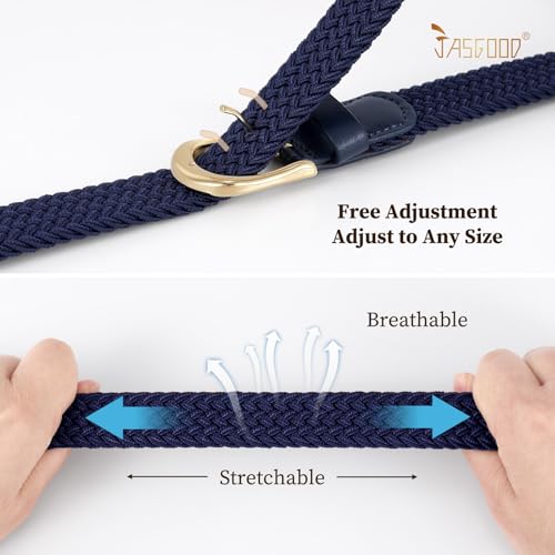 JASGOOD 2 Pack Braided Belts for Women, 1'' Narrow Width Elastic Woven Stretch Fabric Cloth Belts with Gold Buckle