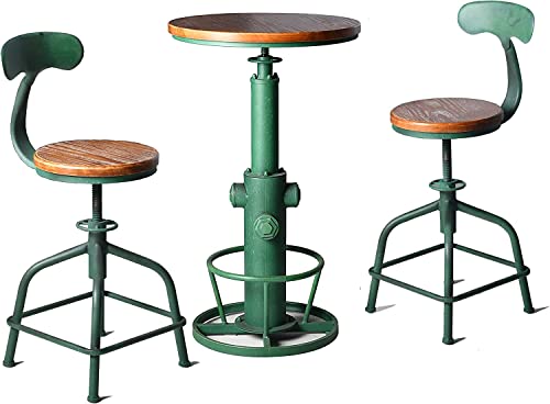 Topower 3-Piece Pub Bar Set Industrial Round Bar Table And Adjustable Swivel Stools With Backrest For 2 Match Bar Height And Counter Barstool Antique Green 1 Table + 2 Chairs #TOP24
