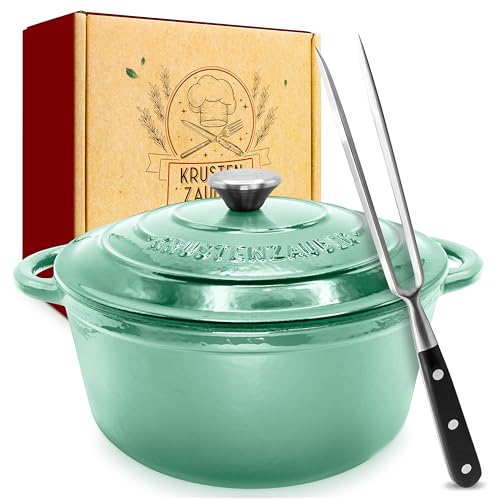 Foto von KRUSTENZAUBER Gusseisen Topf [inkl. Fleischgabel] - Hochwertiger 24cm Schmortopf backofengeeignet - Idealer Bräter mit Deckel Backofengeeignet, Kochtopf Induktion, Emaille Topf, Bratentopf Cast Iron