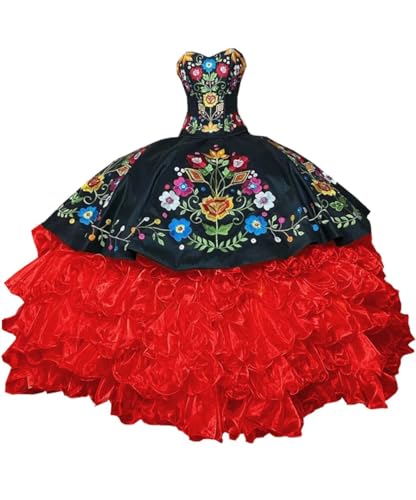 Vintage Ball Gown Flowers Embroidery Black Quinceanera Dresses Mexican Puffy Skirt Prom Sweet 16 Dress 2025