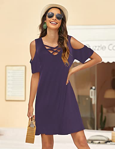 Image of Bluetime Women Cold Shoulder Summer Dress Short Sleeve Beach Casual Loose Swing Dress