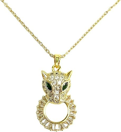 DjkIdj 14K Gold Plated Leopard Head Pendant Necklace with Zircon Adjustable Chain Collar Green Eye Leopard Head Pendant
