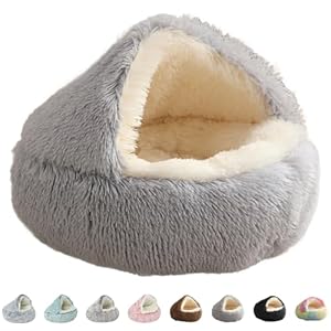 ETIAL Washable Cozy Cave Cat Bed, Calming Plush Cat Bed with Anti-Slip Bottom, Winter Warm Fluffy Cat Sleeping Bed up to 16.5 lbs Pets (Light Grey,23.6″)