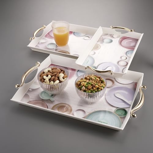 Image of Nayasa Regency Plastic Rectangular Serving Tray Set of 3 (Small, Medium, Big) | Kitchen Tray for Serving Tea, Coffee, Snacks | Multi Purpose Serveware | White