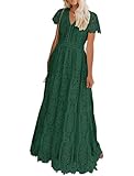 Picture of MEROKEETY Women's 2026 V Neck Short Sleeve Floral Lace Wedding Dress A Line Boho Bridesmaid Cocktail Party Maxi Dress, DarkGreen, Small