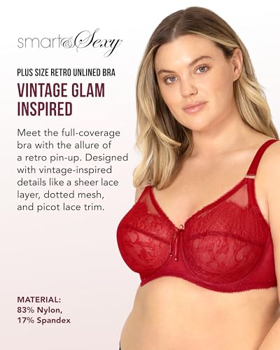 Image of Smart & Sexy Women's Full Coverage Unlined Underwire Bra, Lace & Mesh See Through Bra, Plus Size Lingerie Inspired Retro Bra