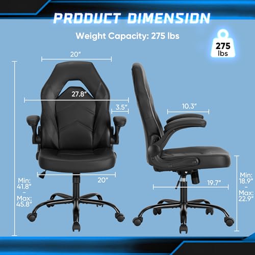 Image of Ergonomic Computer Gaming Chair - Big and Tall with Comfy Lumbar Support, Height Adjustable Home Office PU Leather with Flip-up Armrest, 360 Rolling Video Game, Black