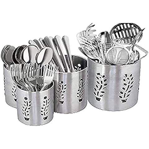 WhopperIndia Leaf Safe Kitchen Utensil Holder - Utensil Crock - Caddy Utensils Storage Stainless Steel (Pack of 4) 12.7, 11.43, 10.16, 8.89 cm Cover