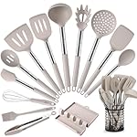 HOTEC 446°F Heat Resistant Silicone Kitchen Utensils, Cooking Utensil Set, Spatula Set, BPA Free, Kitchen Gadgets, With Stainless Steel Utensils Holder, Dishwasher Safe 14pcs Khaki