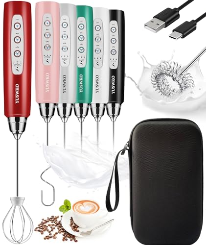 Image of YUSWKO Rechargeable Milk Frother for Coffee, Handheld Drink Mixer with 3 Heads 3 Speeds, Ideal Coffee Frother Wand for Travel - Red