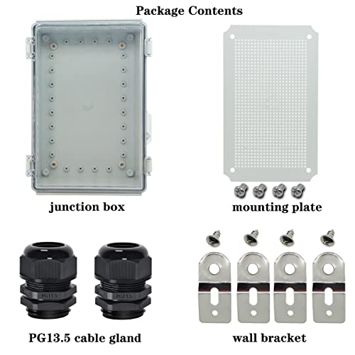 Image of Zulkit Junction Box IP67 Waterproof Electrical Box Hinged Clear Cover Stainless Steel Latch Plastic Enclosure for Project w Mounting Plate Wall Bracket and 2 Cable Gland 11 inchx7.5 inchx5.5 inch /280x190x140mm