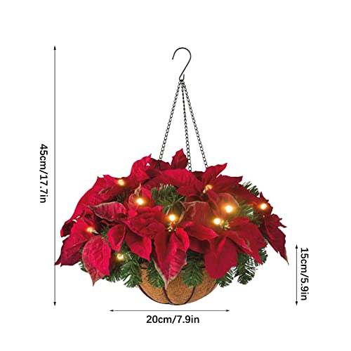 Duffire Christmas Poinsettia Hanging Basket Pre-Lit Artificial Floral Arrangement With Pine Needles For Outdoor Yard Porch Holiday Decor #TOP2