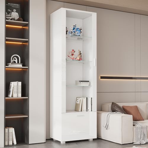 Kelodan Vitrina blanca brillante de 50 x 40 x 160 cm con puerta acrílica, vitrina iluminada LED para coleccionables, perfumerías, estanterías con puertas blancas brillantes (3 estantes)