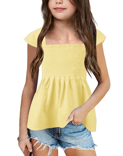 Image of Bingerlily Girls Summer Casual Tops Square Neck T Shirts Cute Smocked Top Tees