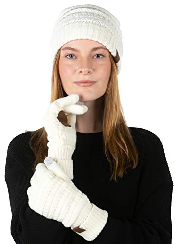 Image of Funky Junque Women's Beanie & Touchscreen Gloves Set - Soft 100% Acrylic Knit Winter Hat and Gloves, Cozy Cold Weather Gift