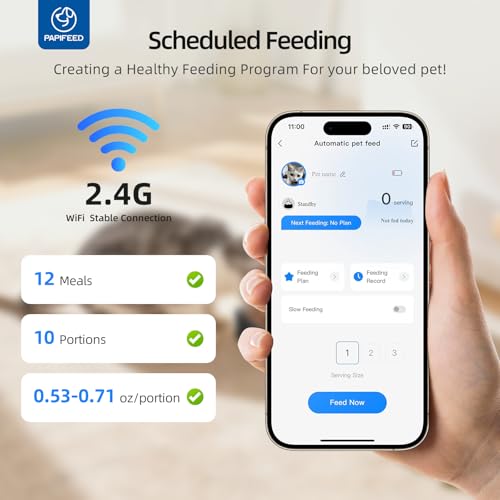 PAPIFEED Automatic Cat Feeder 2 Cats, 2.4G WiFi Cat Food Dispenser with App Control, 7L Slow Feeder Timed Cat Feeder for Dry Food, 10 Meals/Day, 12 Portions/Meal, Dual Power Supply, Black - Image 3