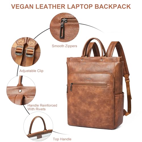 Leather Laptop Backpack for Women, Travel Backpack Purse Fits 15.6 Inch Laptop, Casual Daypack with Laptop Compartment for Teachers College Work Business Nurse Weekender, Brown3