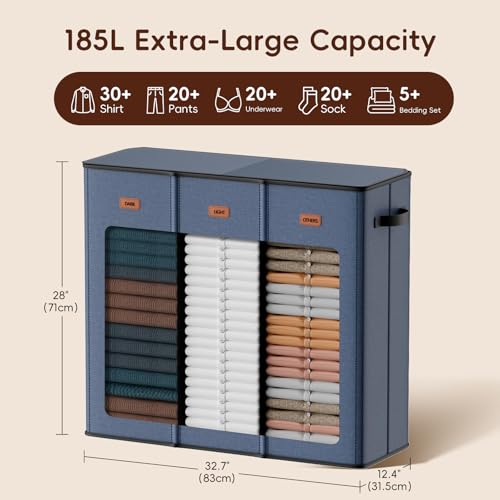 Image of 185L Laundry Hamper 3 Section, Laundry Hamper with Lid, Dirty Clothes Hamper with 3 Removable Washing Bags, Extra Large Laundry Basket Organizer for Bedroom, Laundry Room, Dorm - Navy Blue