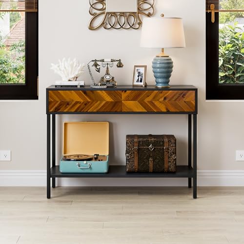 Image of Bme Vivian Console Table with 2 Drawers, Solid Acacia Wood Entryway Table, Rustic Golden Brown Mid Century Modern Sofa Table with Storage, Solid Wood Hallway Table for Living Room or Foyer