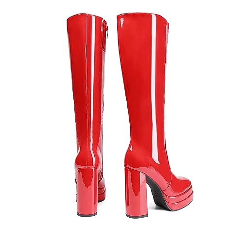 DREAM PAIRS Women's Platform Heeled Knee High Boots, Long Chunky Tall Gogo Boots for Fall,Size 8,Red-Pat,SDKB2306W