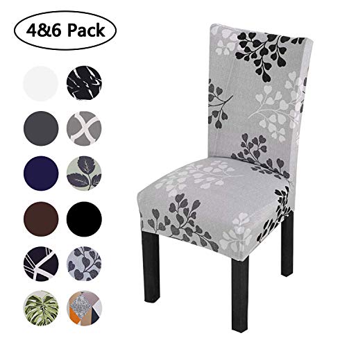 FUMEI Fundas de Sillas de Comedor, Elasticas y Lavables para Proteger Silla Modern Bouquet de la Boda, Hotel, Decor Restaurante (Gris Hoja, Pack de 6)