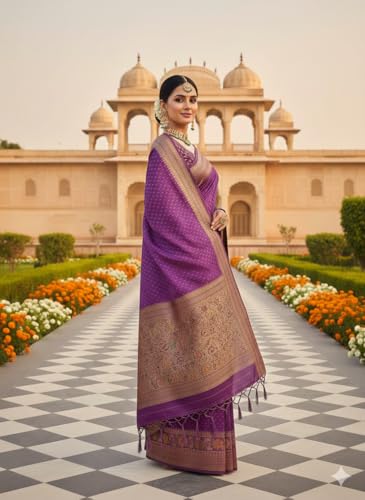 Image of Kanjivaram Silk Saree for Women - Handloom Floral Weaving, Contrast Border, Heavy Gold Zari Rich Pallu, Traditional Designer Wedding & Festive Saree with Blouse Piece