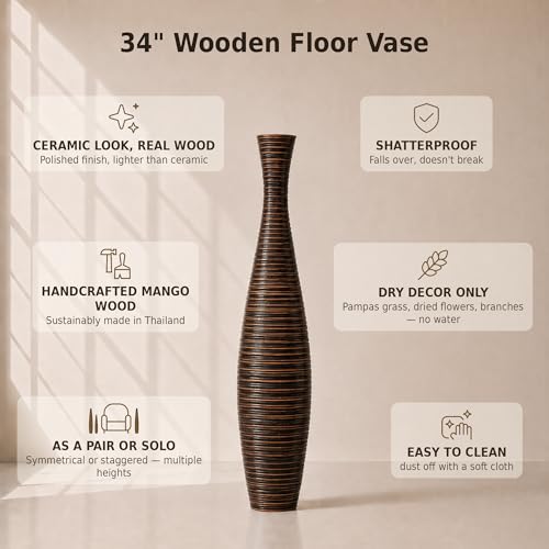 Image of Leewadee Large Floor Vase 34 inches Mango Wood for Pampas Grass, Dried Flowers