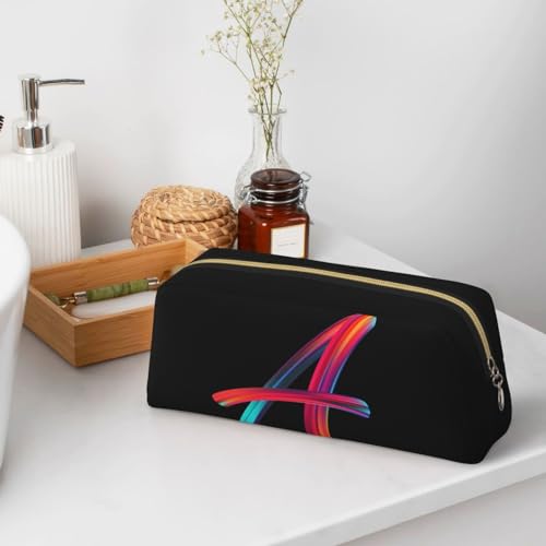 Image of Cute Initial Pencil Case for Kids Simple Leather Pencil Pouch for Boys Girls Letter Design Pencil Box Pen Bag Pencil Pouch Office Stationery Organizer, Rainbow Letter A