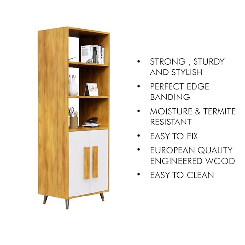 Image of Bniture Book Shelf Wooden | Engineered Wood Bookshelf for Home with 2 Door & 3 Shelf | Multipurpose Open Book Shelf Stand for Library, Study Room & Living Room | Giant Wood & Frosty White