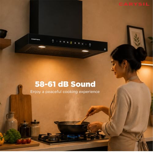 Image of Carysil AeroSync 90 cm Kitchen Chimney, T- Shape, 1500 m /hr Suction, Auto-Clean Filterless, 3-Speed Touch & Gesture Control, LED Lamp, 10-Year Warranty - Black