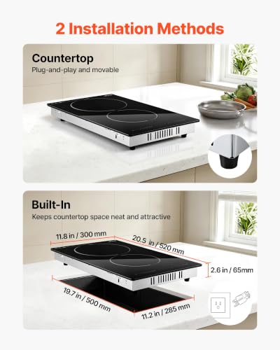Image of VEVOR Electric Cooktop 12inch 2 Burners Portable Stove Top 1800W 120V, Ceramic Countertop /Built-in Radiant Electric Stove, with 9 Power Levels, Timer, Child Lock, Over-Heat Guard, Touch Control