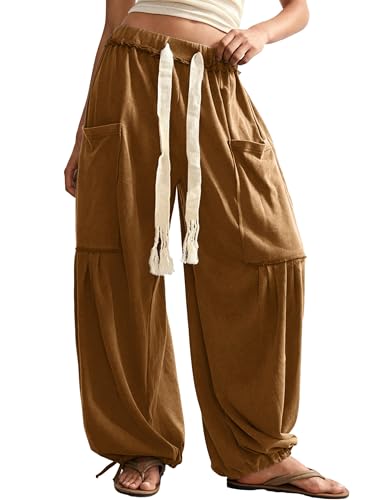 Springrain Womens Baggy Wide Leg Pants Casual Drawstring Harem Pants Bohemian Trousers with Big Pockets(Caramel-M)