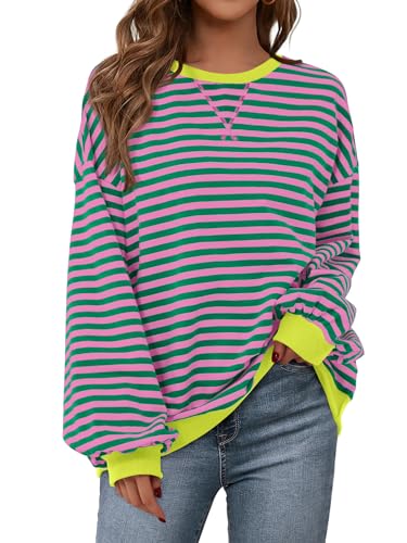Image of PRETTYGARDEN Womens Striped Oversized Sweatshirt Color Block Crew Neck Long Sleeve Casual Loose Pullover Top Y2K Clothes